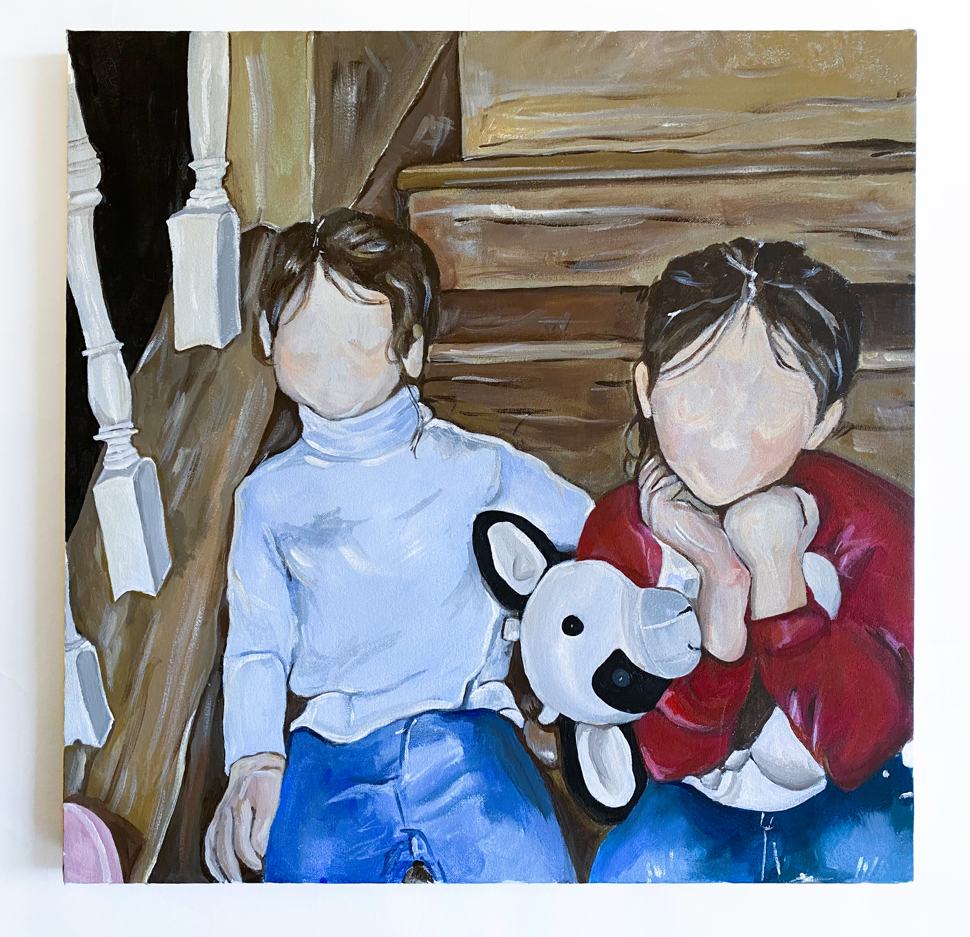 Image painting of two young people sitting on outdoor steps in colors of whites, browns, blues, reds, and black
