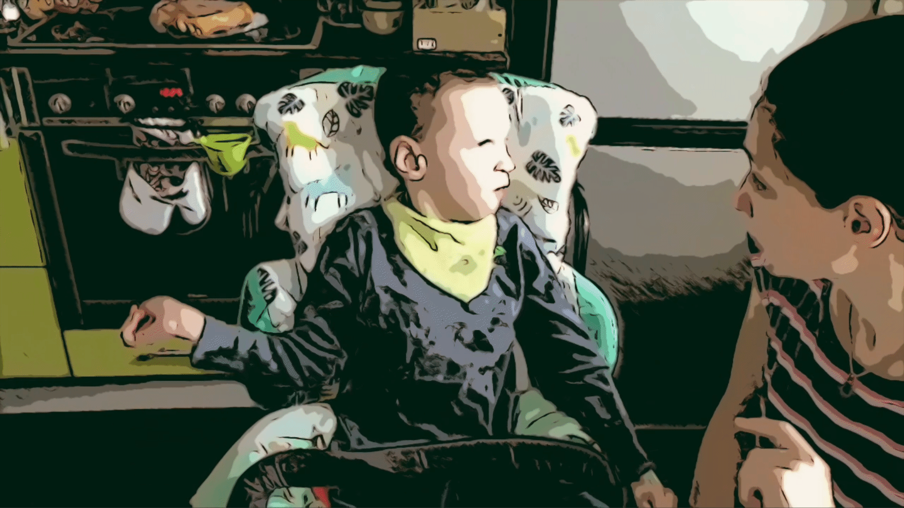 This gif shows how Ivan chooses a candidate from a list of options suggested by his mother. To agree to an option from a list, Ivan rises and slightly bounces in a chair after the desired option was voiced. In this case, Ivan agrees to the website that his mother suggests to him as a candidate for what he wants to do next. Ivan simultaneously rises in chair and shifts gaze from his mom to the computer, showing that his gesture is related to what mom should do next  - open up a website for him.  Anastasia's gaze follows Ivan's to the screen. 