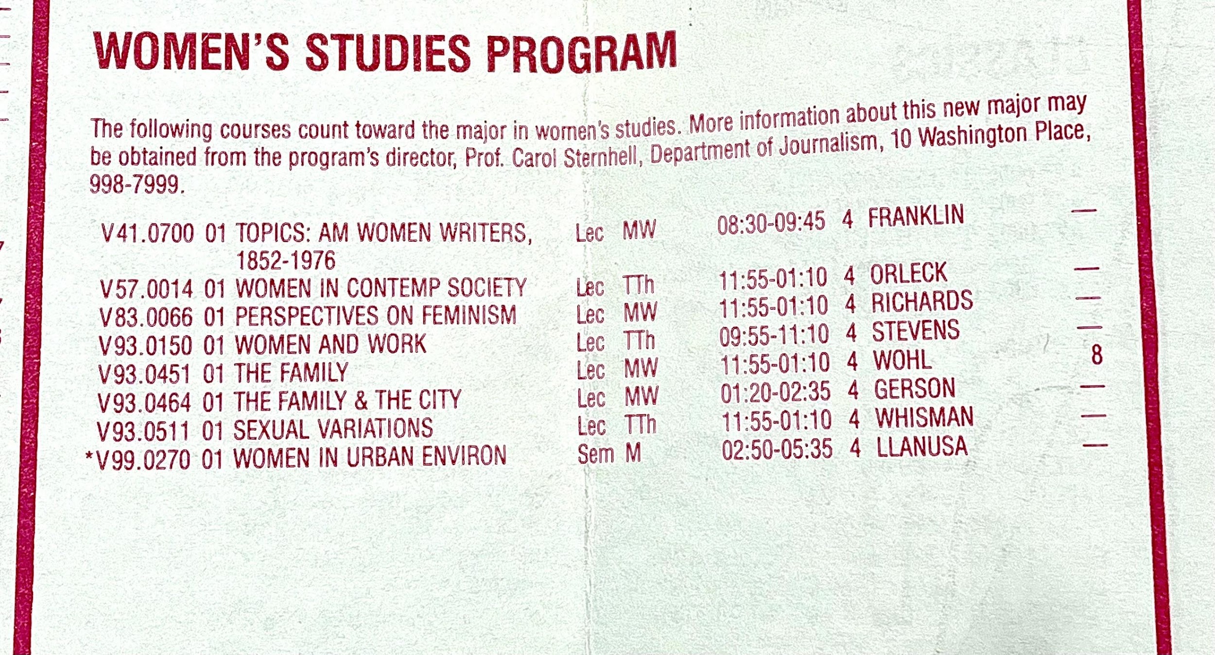 List of Women's Studies program classes from fall 1988