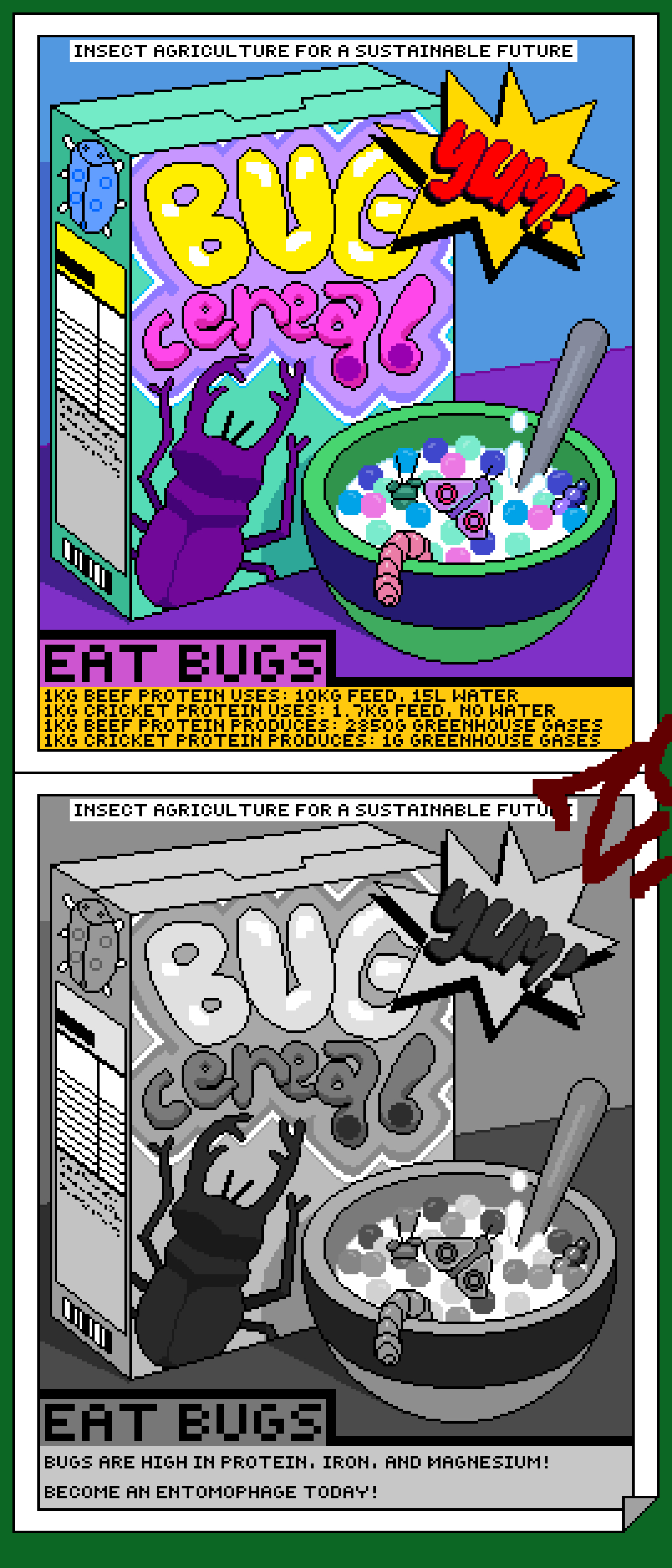 Illustration of light blue-green cereal box with drawings of insects and the words 'Bug Cereal,' next to a drawing of a blue and green striped bowl filled with colorful cereal balls and insects, and descriptive text; illustration is repeated below in grayscale