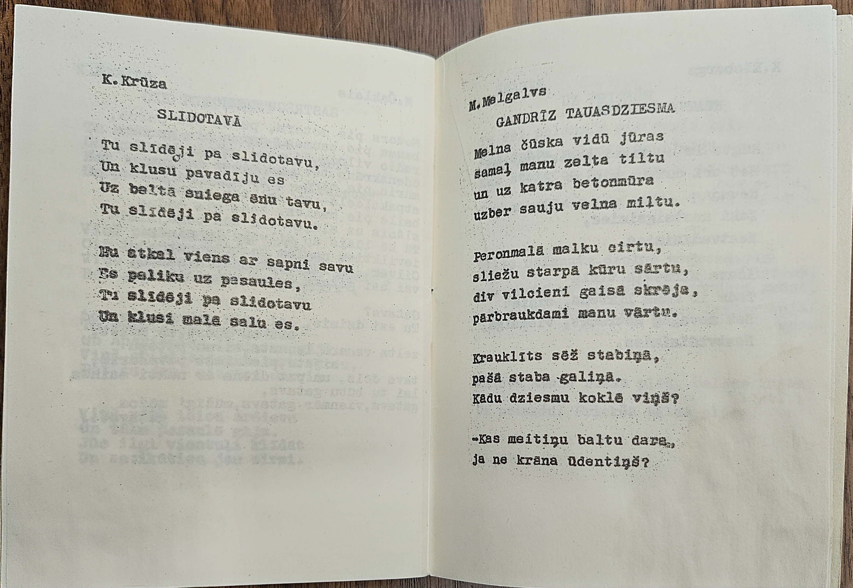 A typewritten page from Pērkons song book (1989).