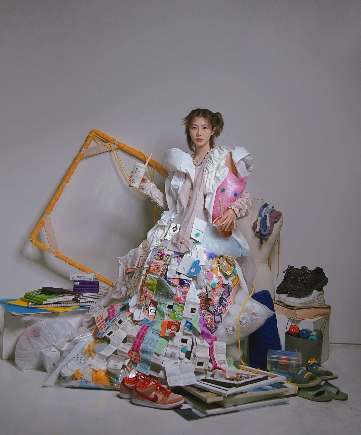 Image of person holding a coffee cup with a straw, wearing a long white dress covered in paper, surrounded by paper, notebooks, books, small boxes, shoes, an orange frame, and a dress form