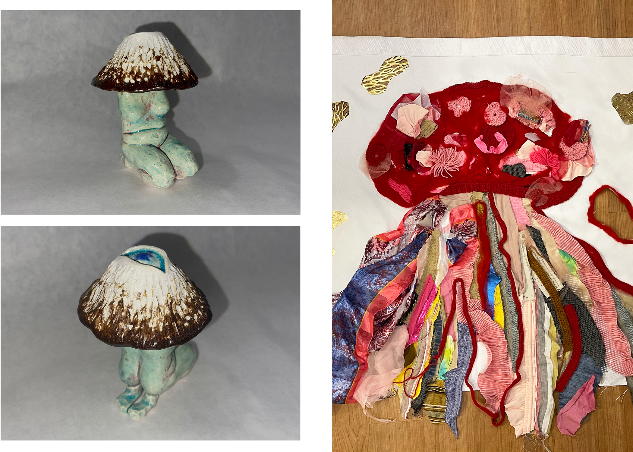 Detail images of ceramic figure in shades of light green, dark brown, and cream colors; and hanging abstract artwork with red, pink, blue, light brown colors against white background