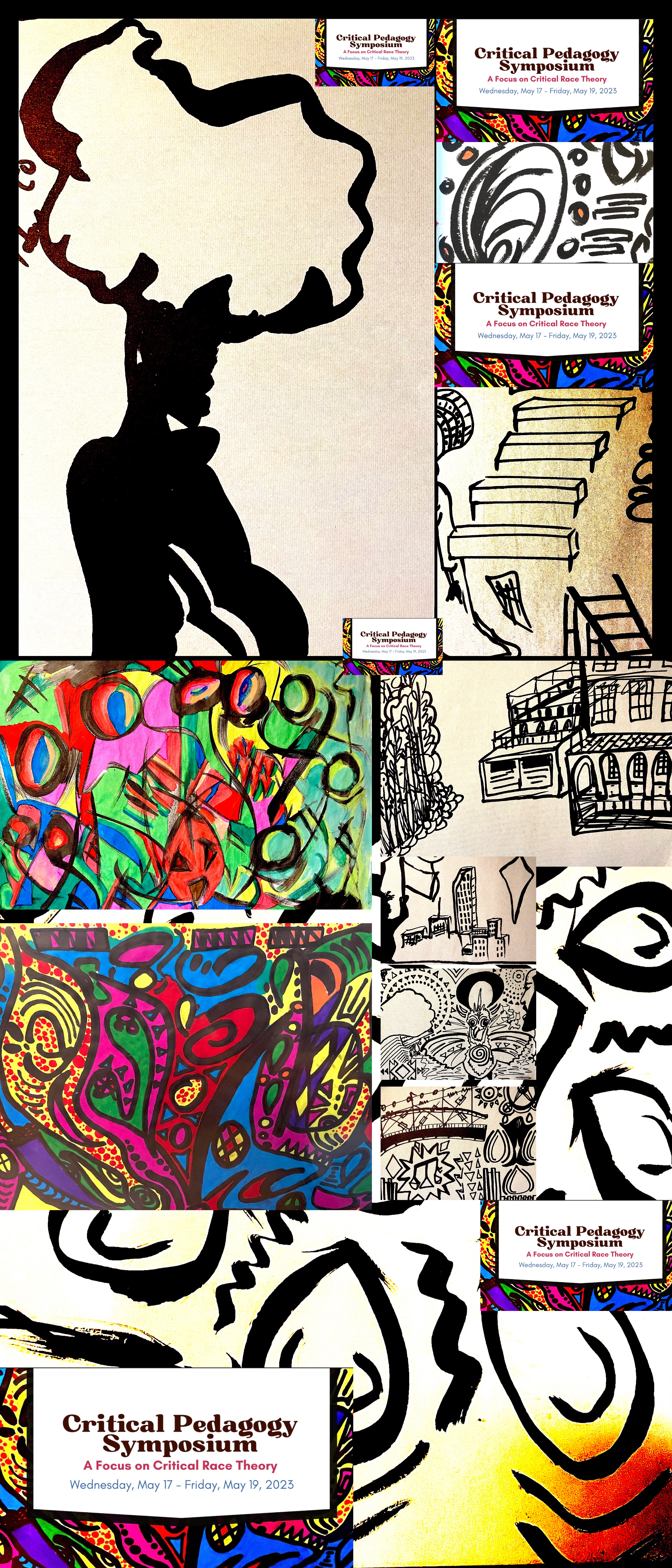 Illustrated black-white and collage featuring line drawings of human figures, cityscapes, abstract shapes, and text