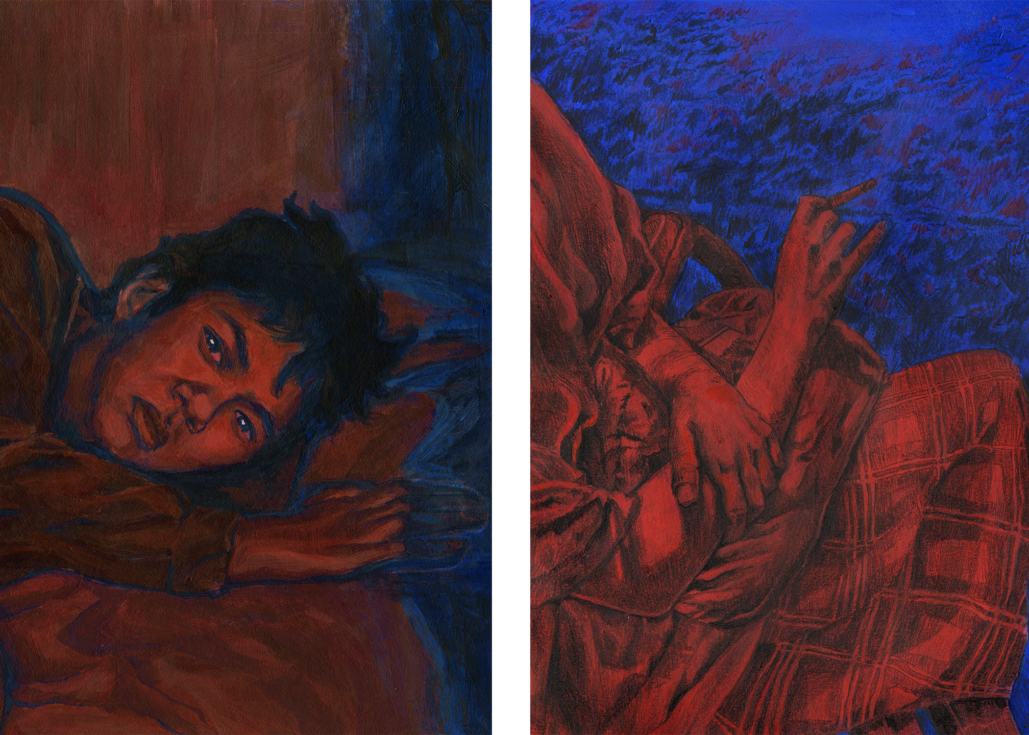 Details from two images of people, one reclining and the other sitting upright with hand in lap, in deep reds and blues