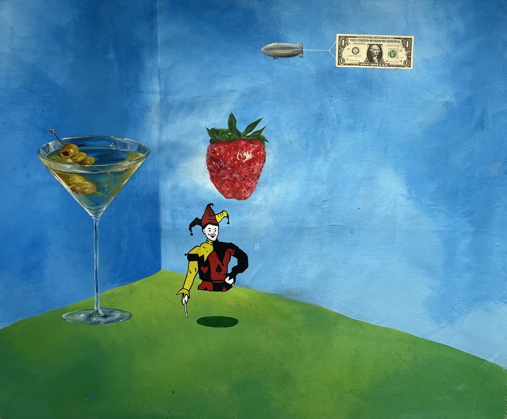 Painting of objects (martini glass with olives, jester, strawberry, blimp with an attached U.S. dollar) against a blue and green background