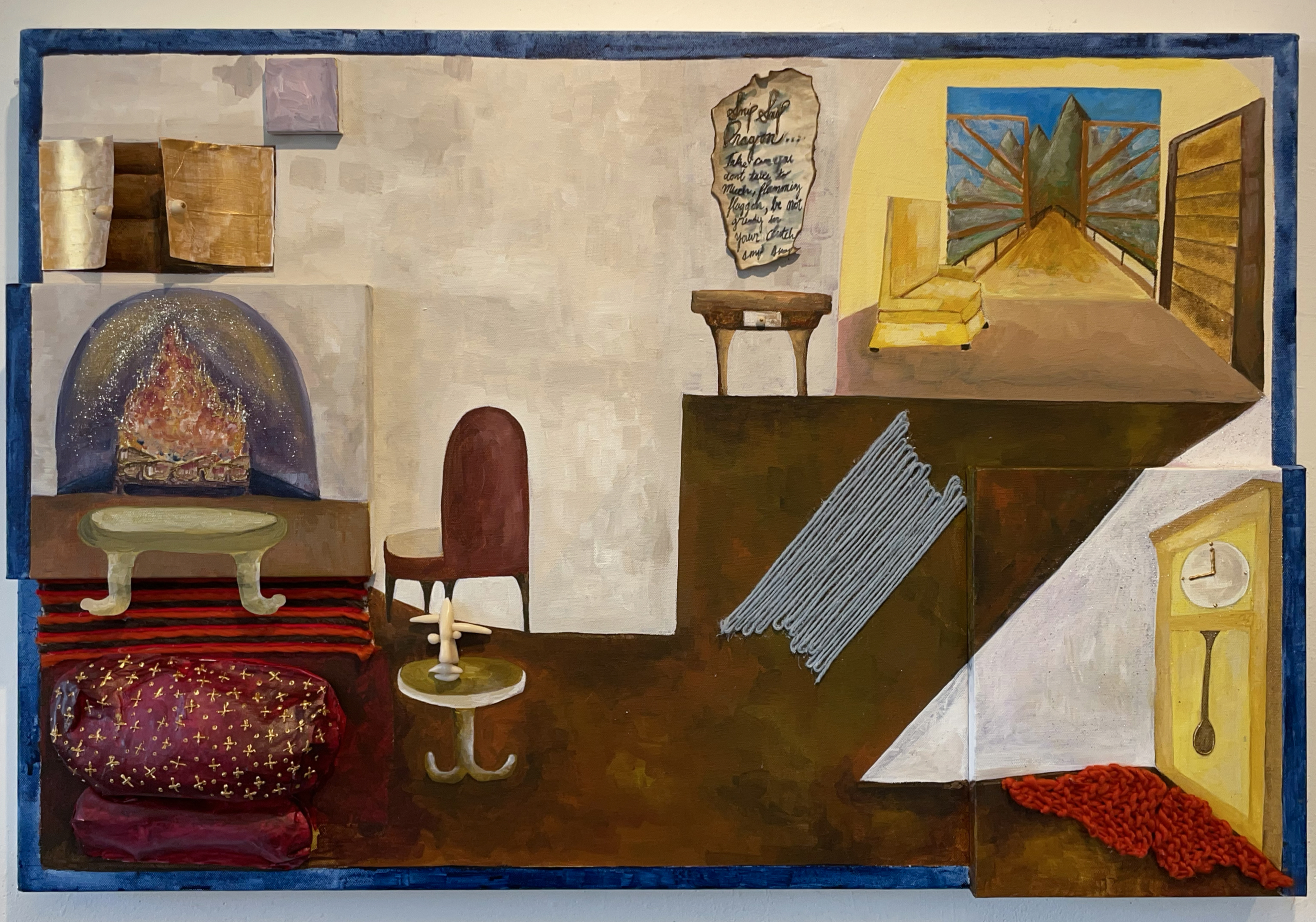 Detail of household furniture (chair, ottoman, table, window, clock, picture in shades of beige, brown, red, and yellow