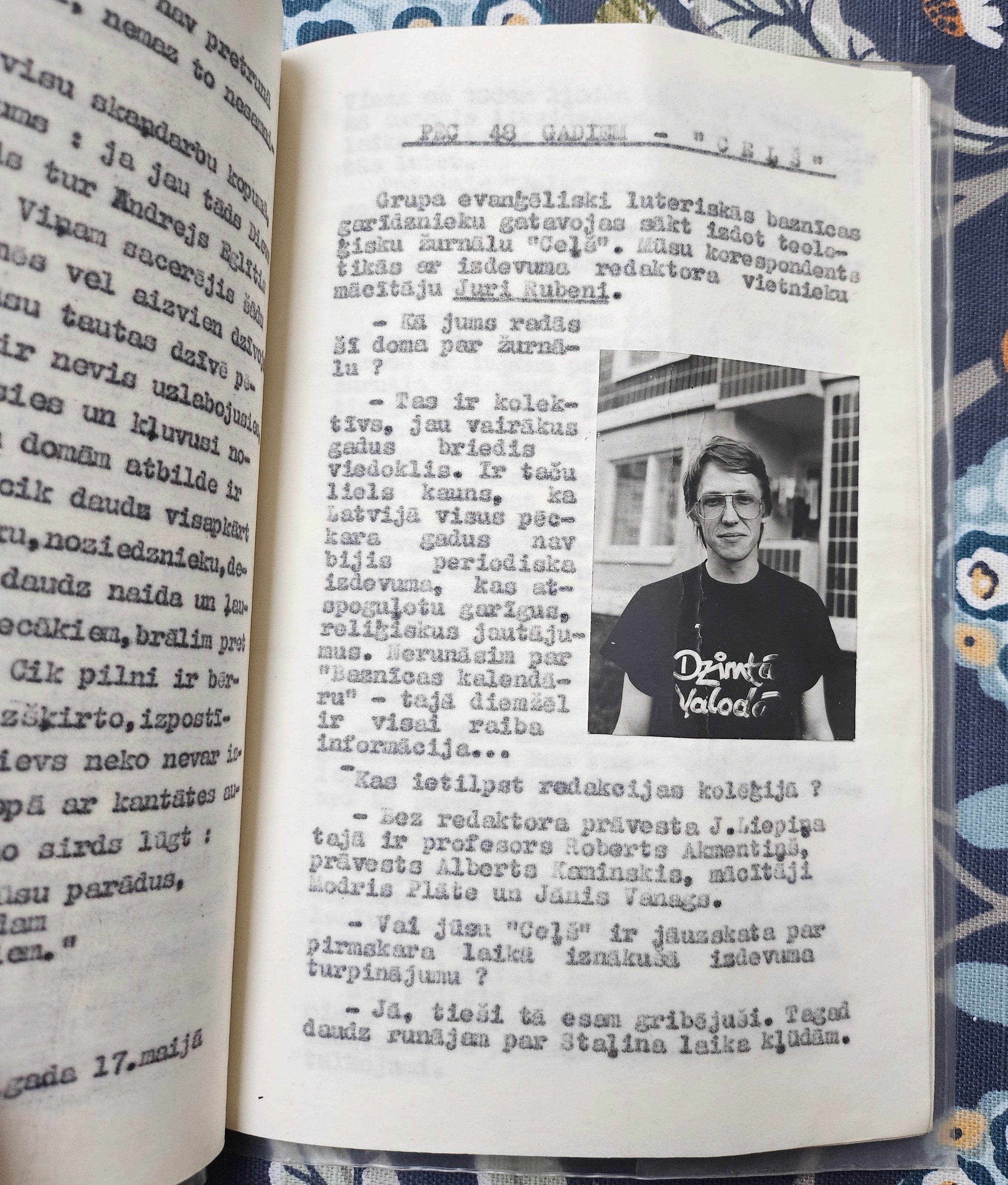 First issue of independent Christian samizdat periodical Pakāpieni (1989). Typewritten with photographs glued in. This page includes an interview and photograph of pastor Juris Rubenis.