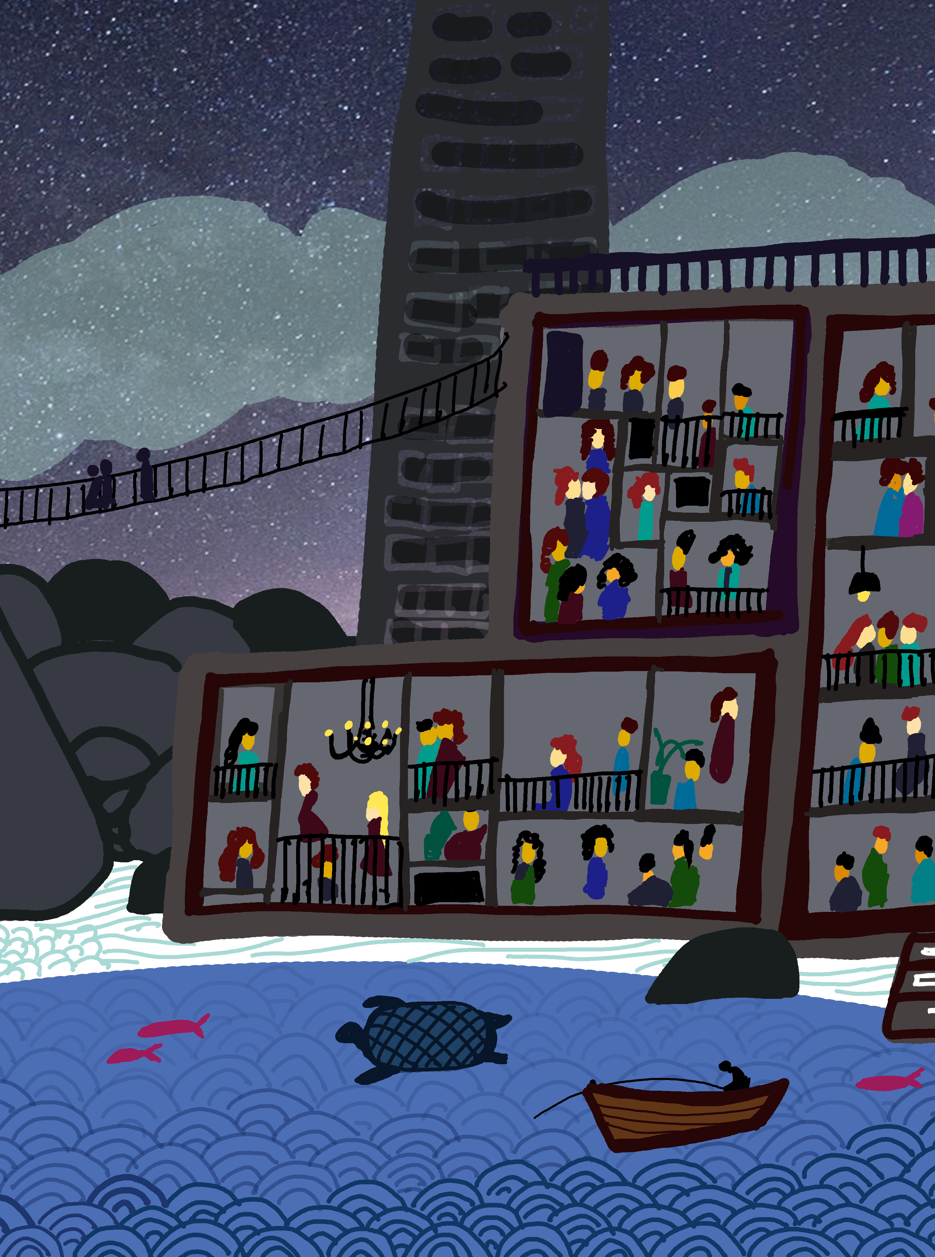 Illustration in grays, lavenders, and blues of people in the windows of buildings, with a bridge in the background and water with animals in the foreground