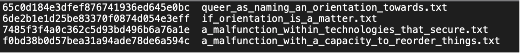 Screenshot of manifest text file with four lines of text. Each line of text features a string of numbers and letters followed by a break followed by a filename with each word separated by an underscore