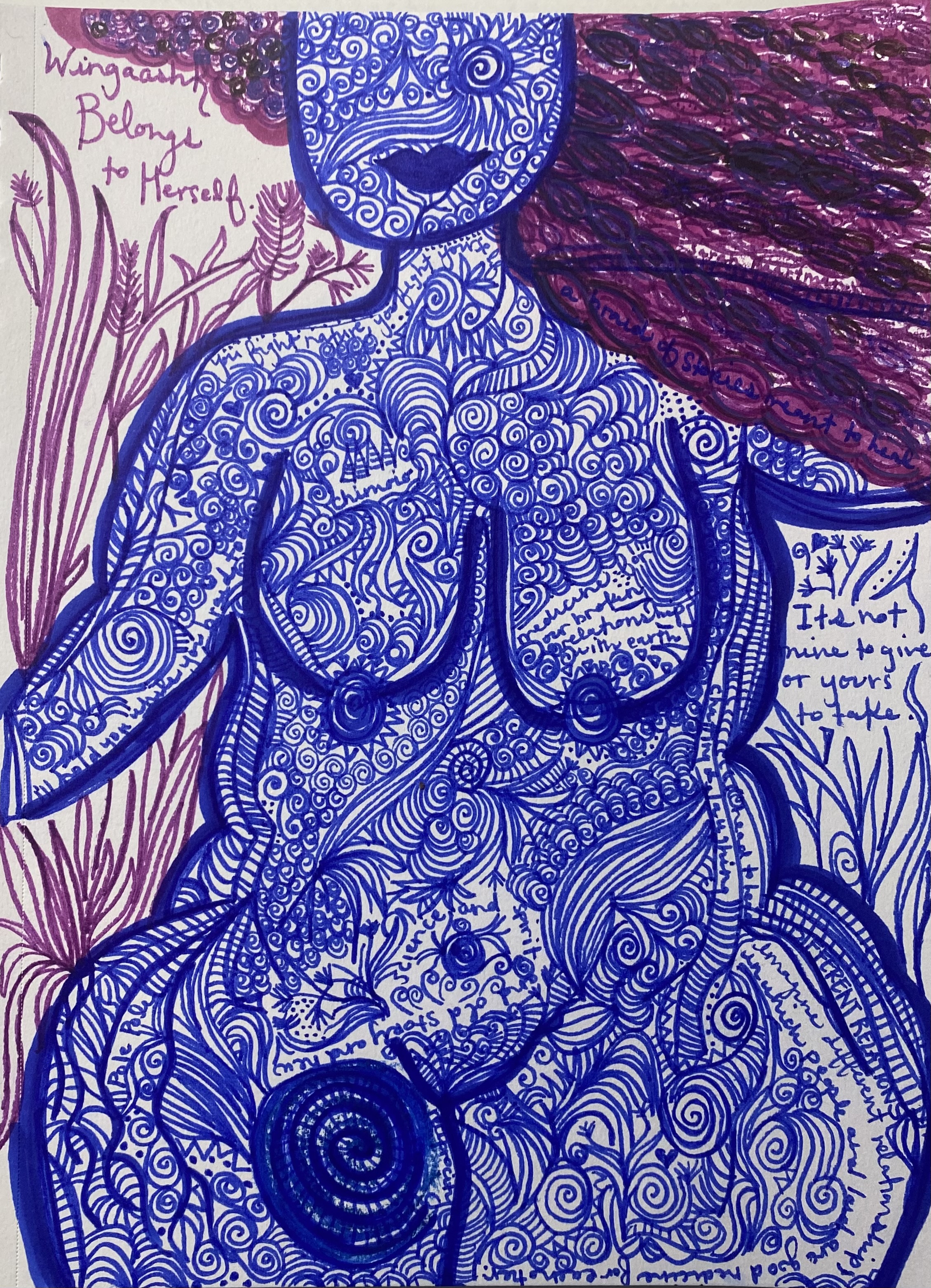 Blue ink illustration of female figure with long purple hair, decorated with swirling spiral pattern and handwritten text