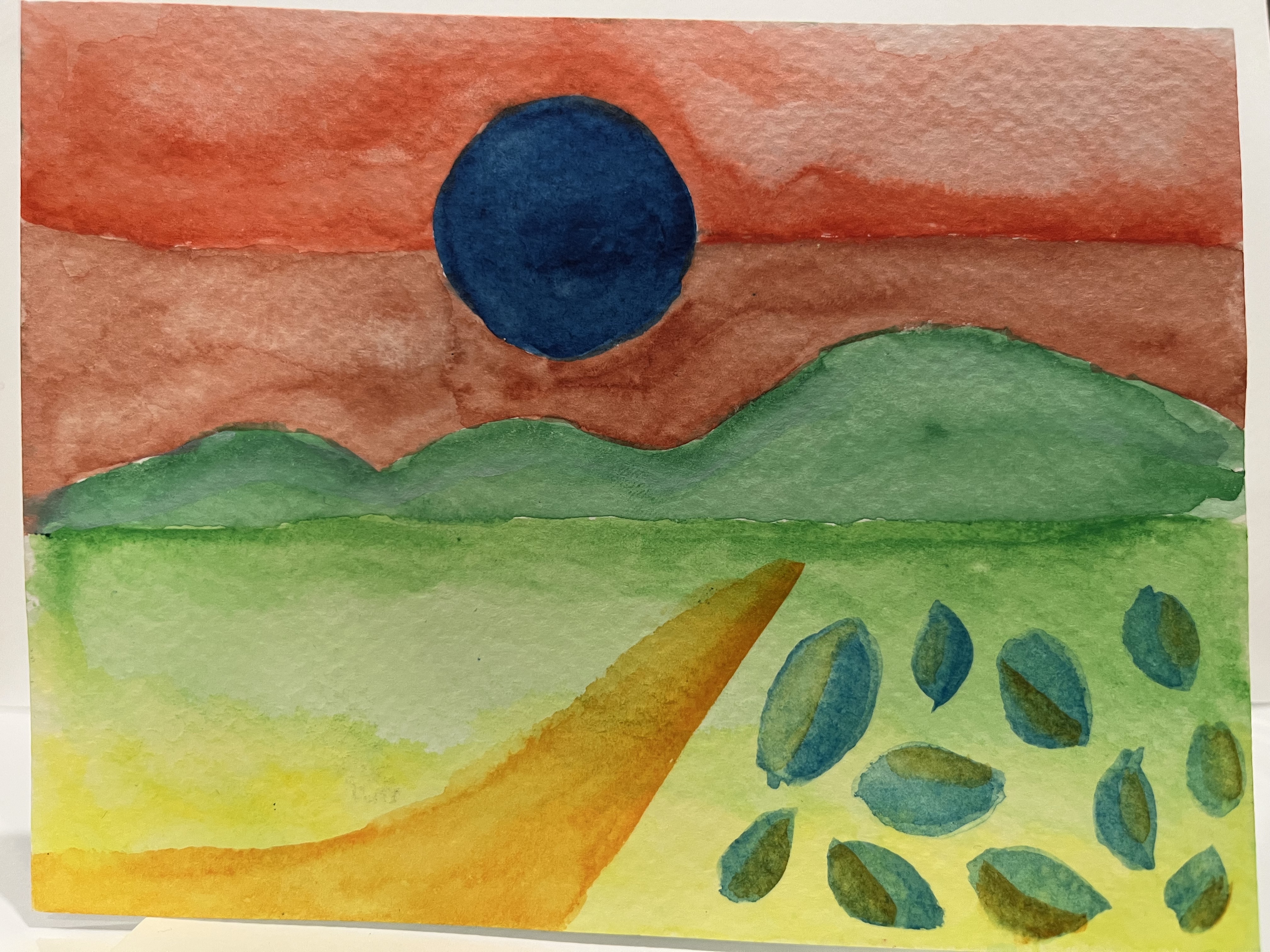 abstract watercolor landscape with a yellow road and dark blue sun against a fiery sky
