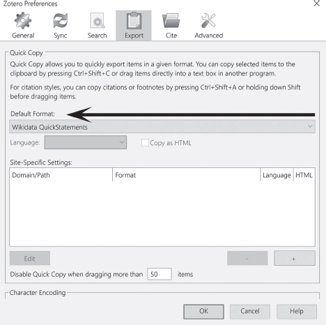 A screenshot on Zotero preferences’ quick copy