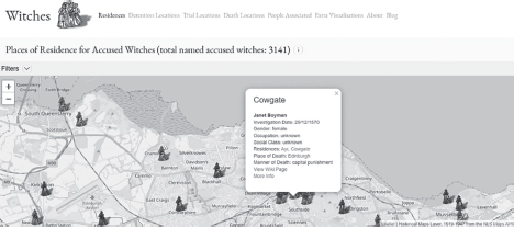 A digital map featuring detention locations, trial locations, death locations and people associated with witches. The map specifically focuses on places of residence for accused witches (total named accused witches: 3121). The map lists Cowgate as a location on Janet Boyman.