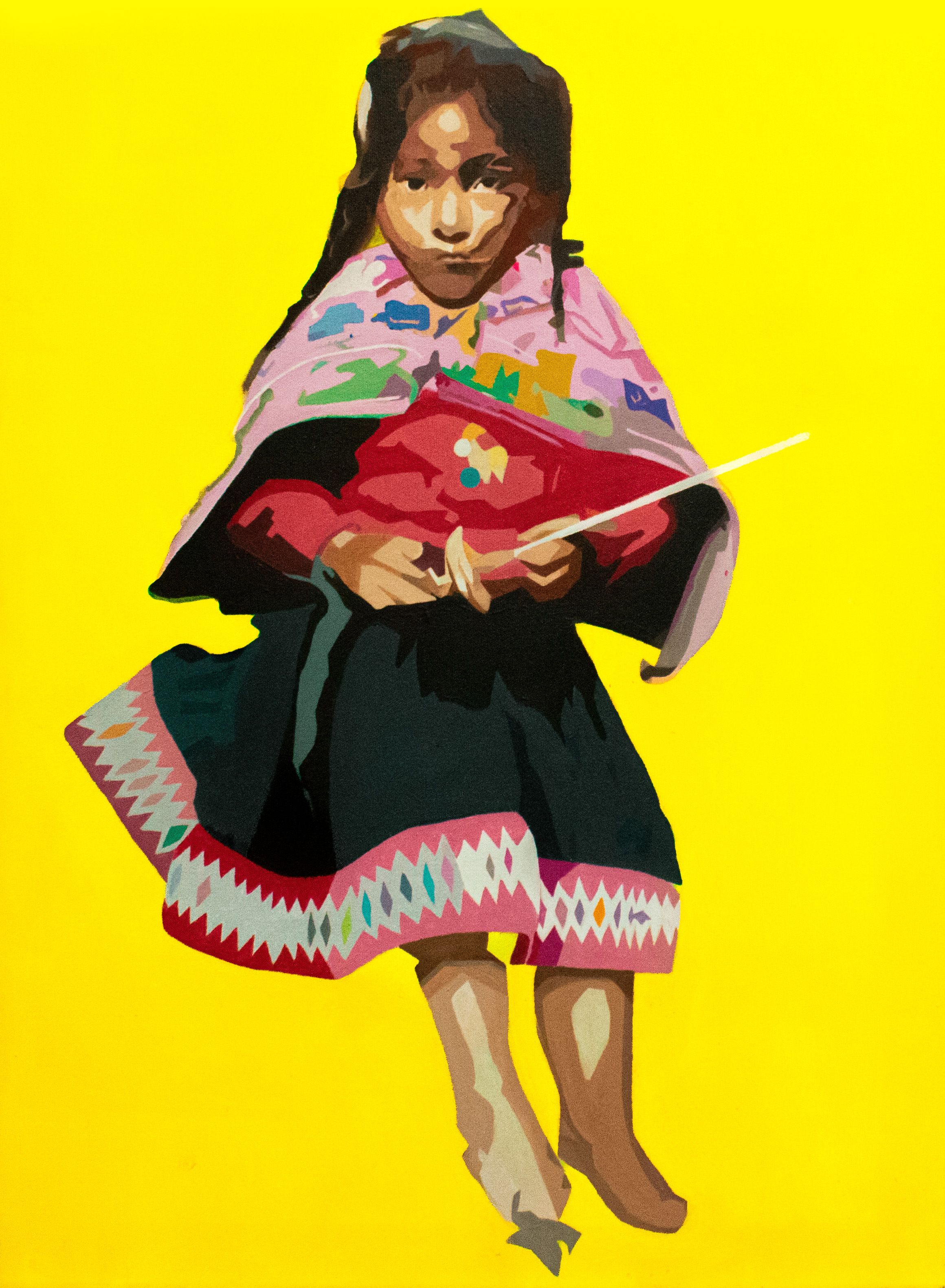 Image illustration of young person in shades of brown, black, gray, red, pink, green, blue on a yellow background