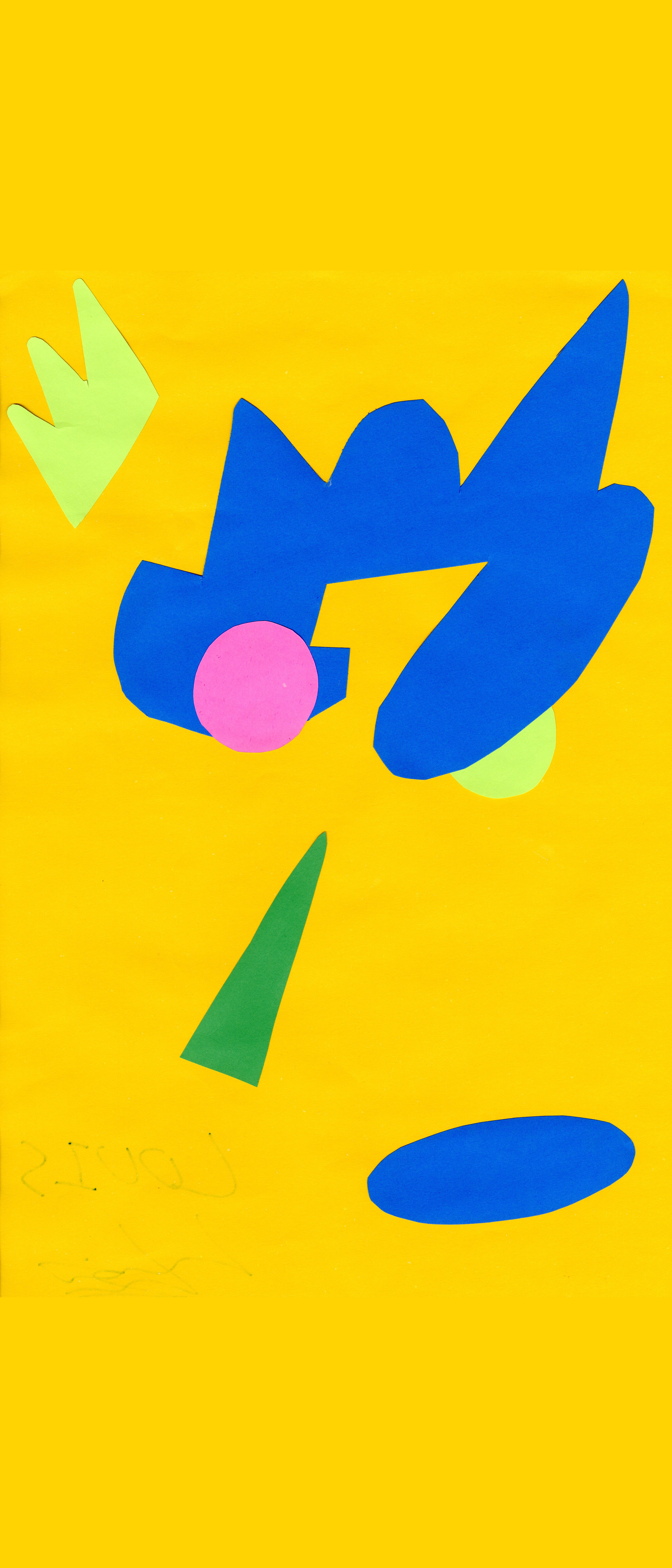 Abstract collage featuring shapes in blues, greens, and pinks against a yellow background