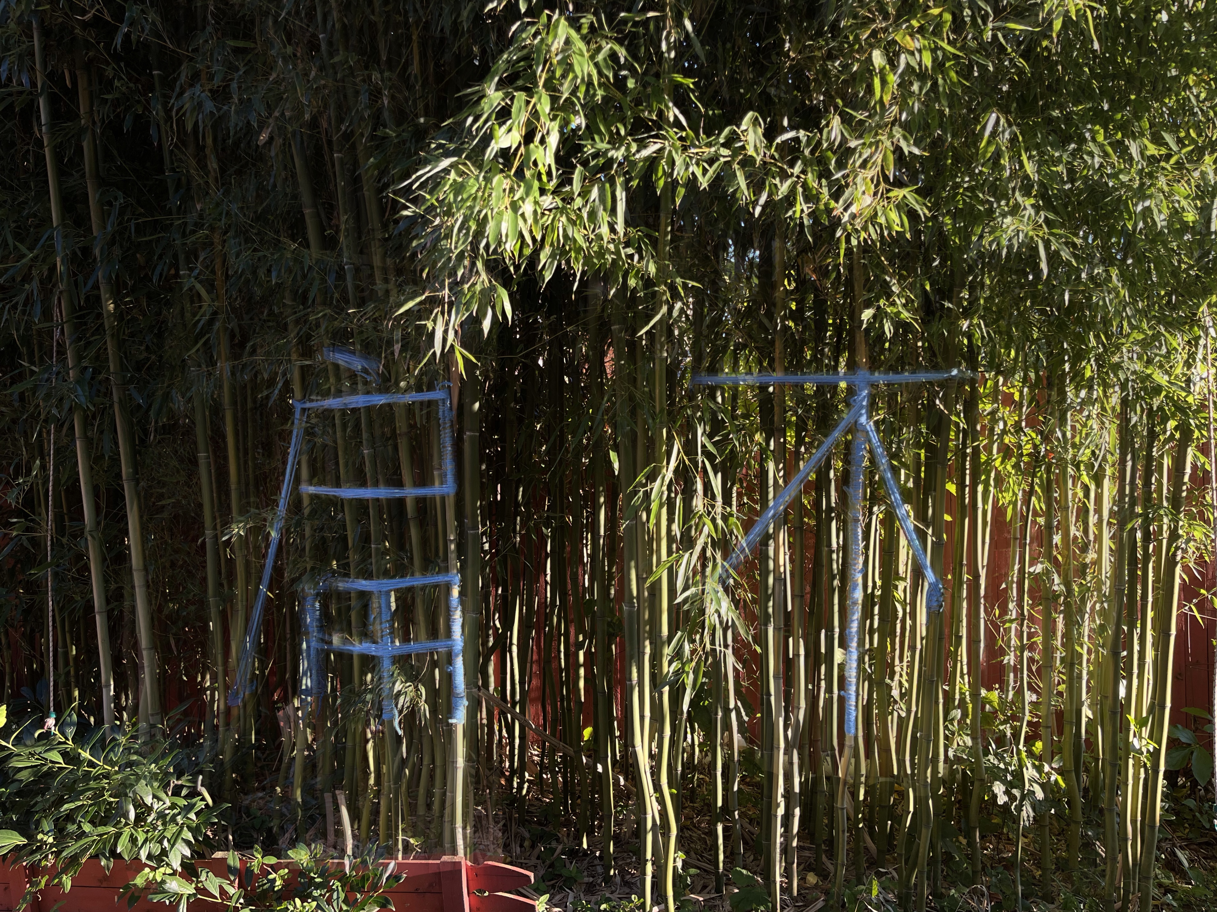 Image of color photograph featuring bamboo trees and yarn with Chinese characters superimposed onto the image