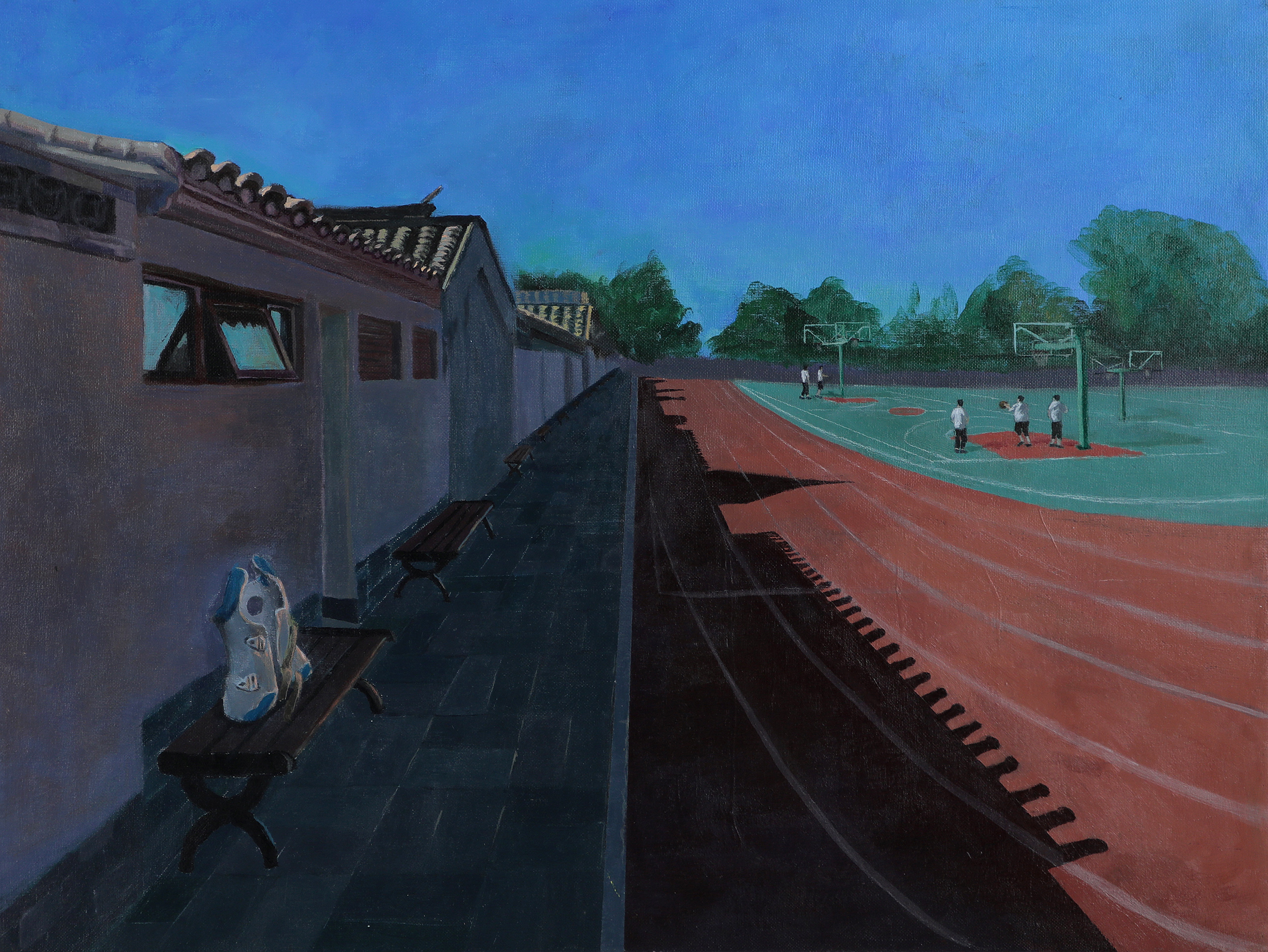 Image of painting featuring a school yard track field with a beige brace on a bench in the foreground and 5 people in the background, with blue, green, gray, and reddish brown colors