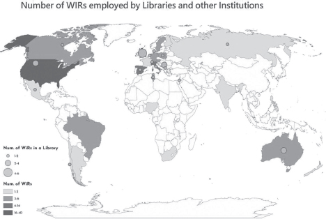 Map showing the Wikipedians in Residence according to a Wikidata Query, most of them concentrated in Europe, followed by the USA and Australia, and some cases in Canada, Chile, Israel, Mexico, and Tunisia.