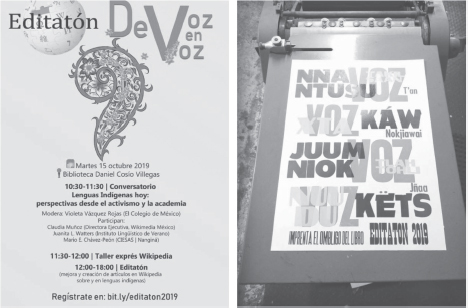 On the left, poster for Editaton de Voz en Voz edit-a-thon event; on the right, another poster with press-printed letters featuring the word “voice” translated into several indigenous languages.