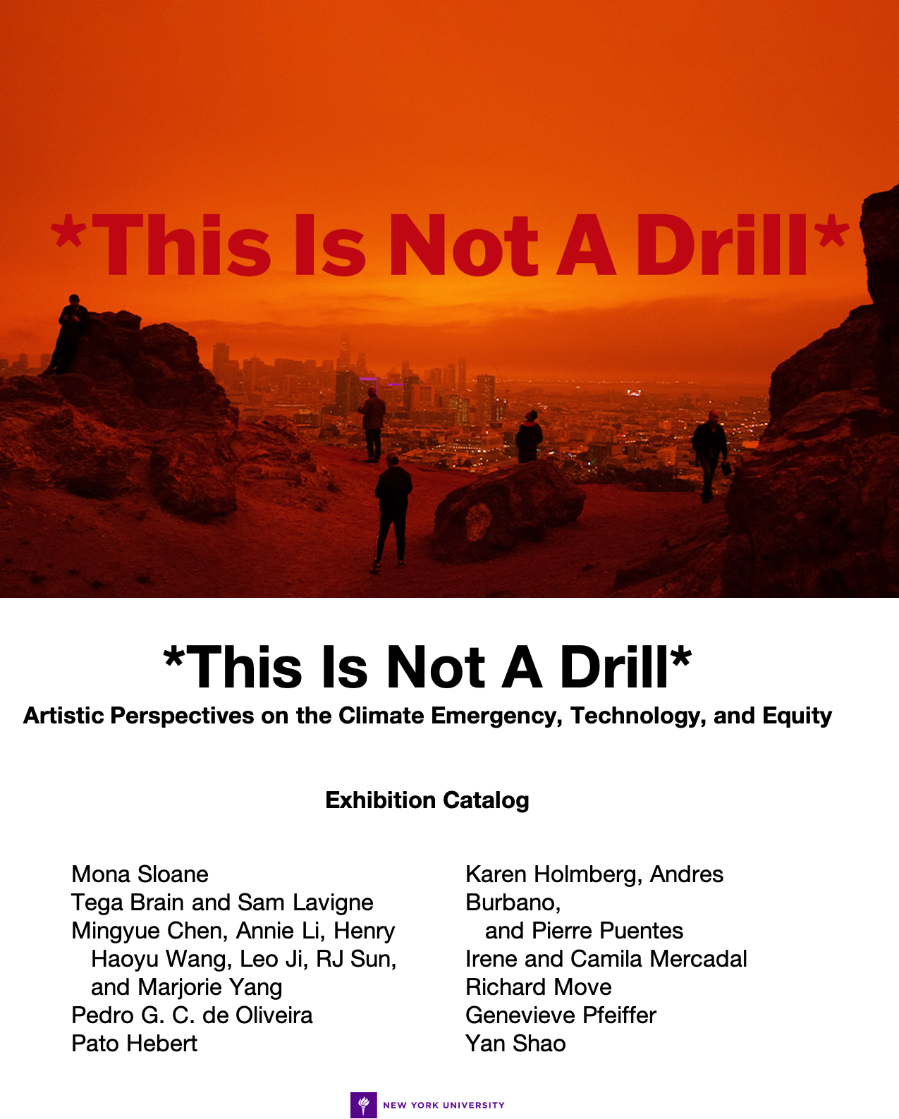 *This Is Not A Drill* logo image of orange colored landscape and title words of exhibition with list of artists