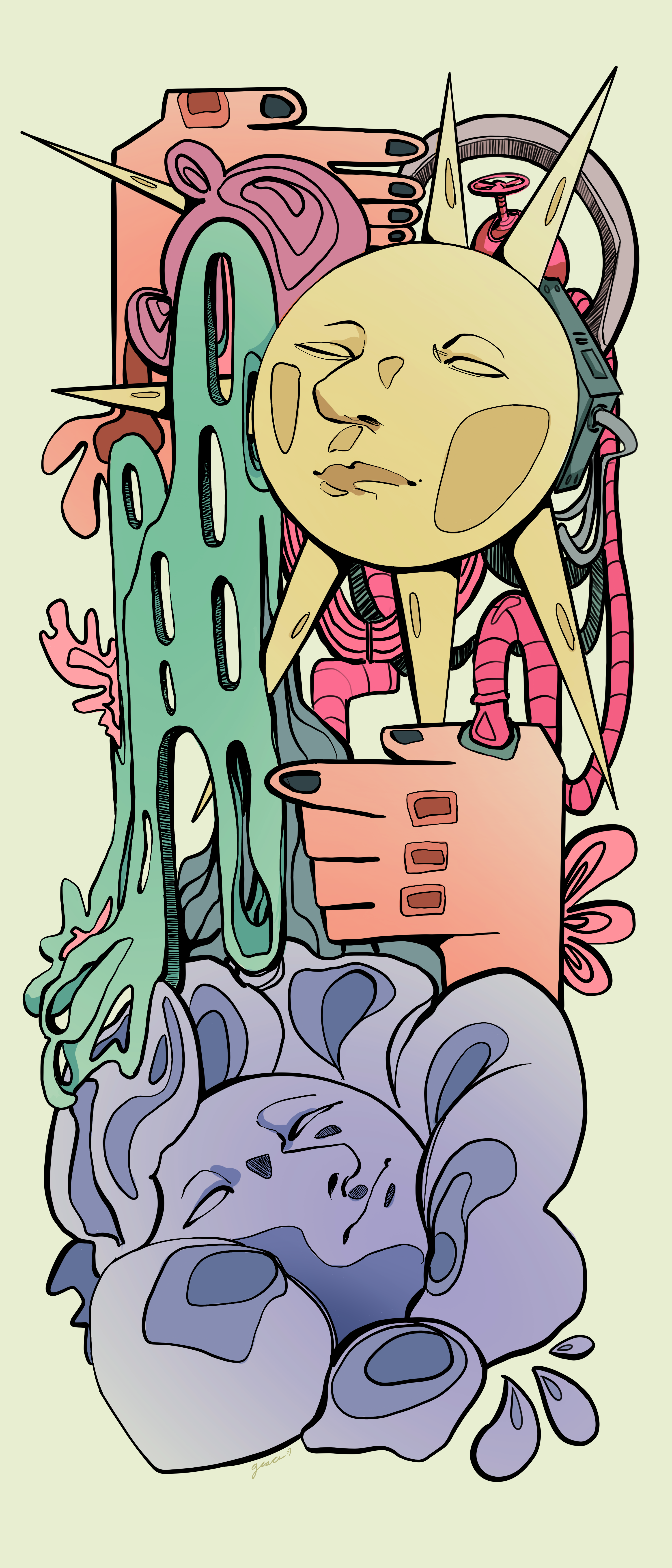 Illustration of multi-colored, surreal forms including a sun and a flower with faces