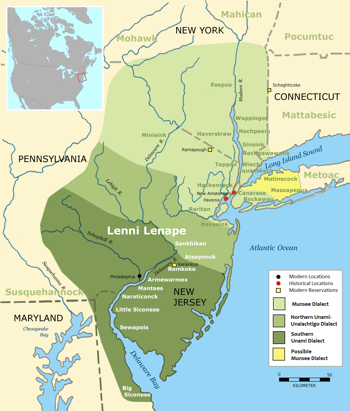 Map of Lenapehoking and approximate boundaries of languages spoken, including all of present-day New Jersey, most of eastern Pennsylvania, and southern New York