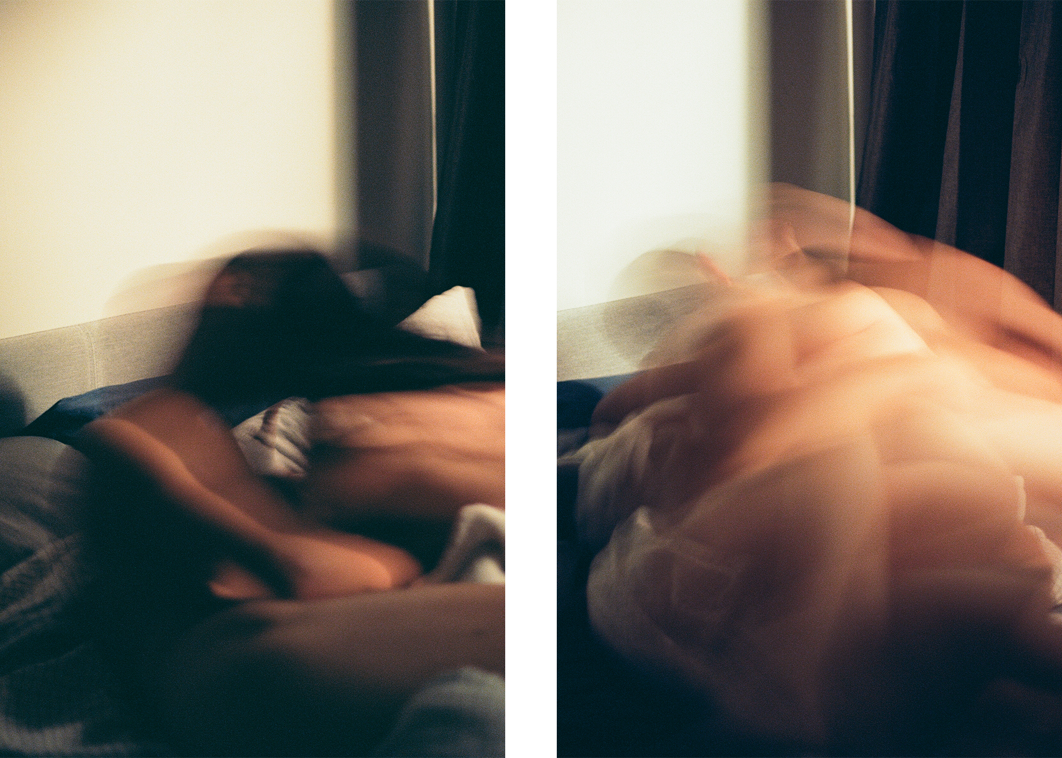 Details of blurry photographs of people in bed in shades of grey, blue, and light brown colors