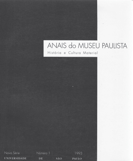 A book cover in blue and yellow called “Anais do Museu Paulista: História e Cultura Material.” Novo Série, Número 1, 1993. Universidade de São Paulo.
