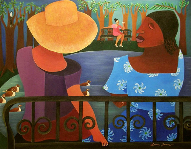 A painting of two women sitting on a bench across a lake where a third women sits alone