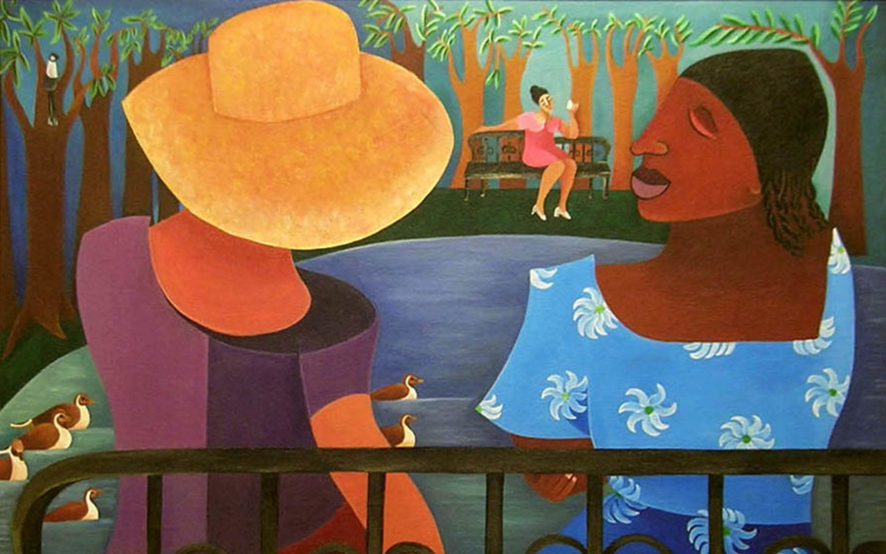 A painting of two women sitting on a bench across a lake where a third women sits alone